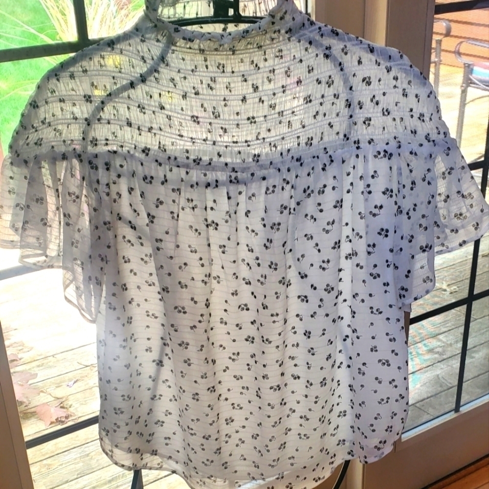 Ann Taylor Cherries Smocked Yoke Lined Sz. XXS Blouse